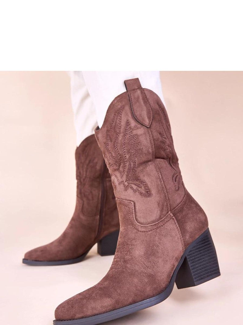 Botine cu toc Solea, Model 221031, Maro - material piele artificiala piele  Footbed imitație de piele  Înălţimea carâmbului 20 cm Înălţimea tocului 8 cm