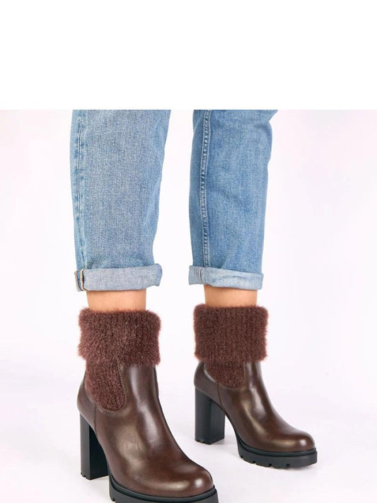 Botine cu toc Solea, Model 221641, Maro - material imitație de piele  Footbed pânză  Înălţimea carâmbului 22 cm Înălţimea tocului 9 cm