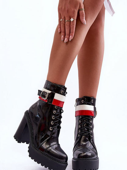 Botine cu toc Step in style, Model 185055, Negru - material imitație de piele  Footbed pânză  Înălţimea carâmbului 14.5 cm Înălţimea tocului 11 cm