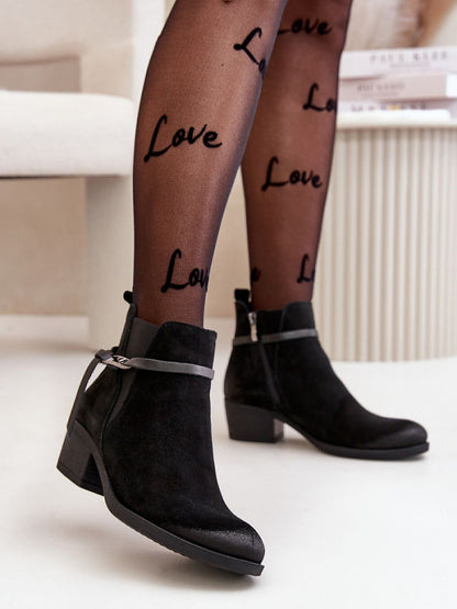 Botine cu toc Step in style, Model 199276, Negru - material piele naturală de căprioară  Căptușeală simțit  Footbed pânză  Înălţimea carâmbului 11.5 cm