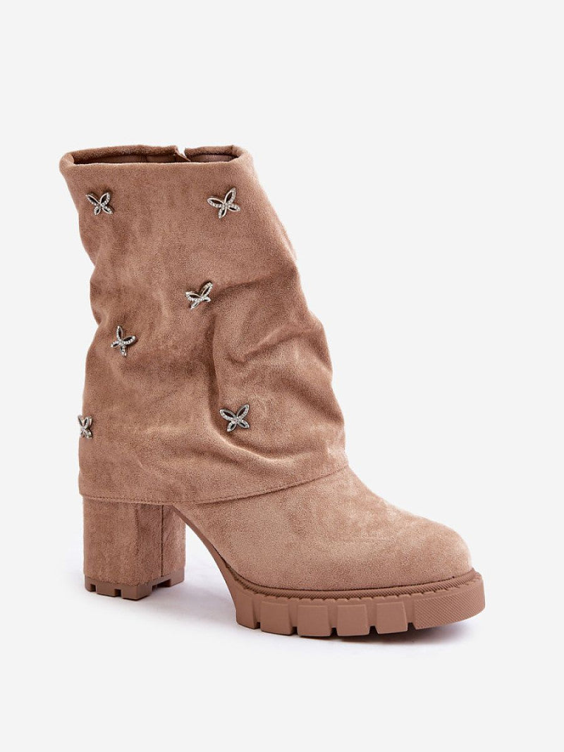 Botine cu toc Step in style, Model 203531, Bej - material piele artificiala piele  Căptușeală pătură  Footbed pătură de pantofi  Înălţimea carâmbului 18 cm Înălţimea tocului 9 cm