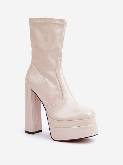 Botine cu toc Step in style, Model 204681, Bej - material imitație de piele  Căptușeală pânză  Footbed pătură de pantofi  Înălţimea carâmbului 19 cm Înălţimea tocului 14.5 cm