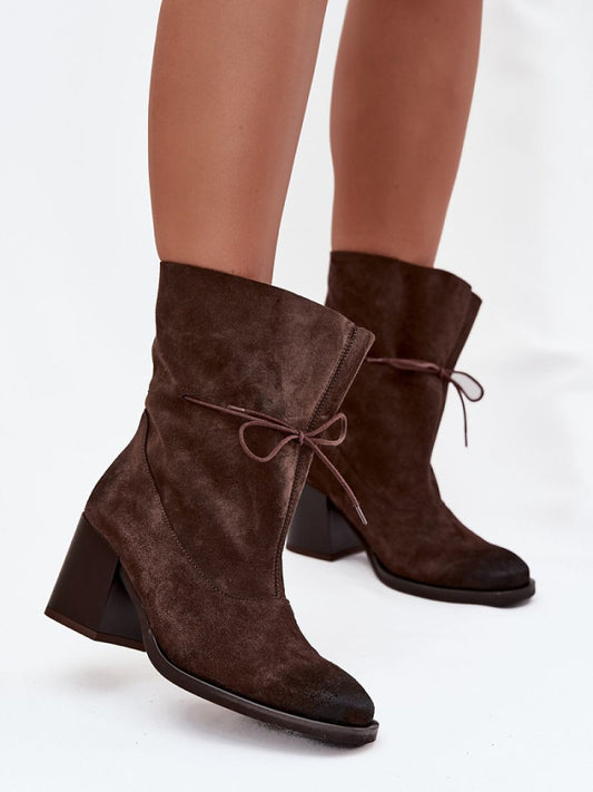 Botine cu toc Step in style, Model 220704, Maro - material piele naturală de căprioară  Footbed simțit  Înălţimea carâmbului 19 cm Înălţimea tocului 7.5 cm