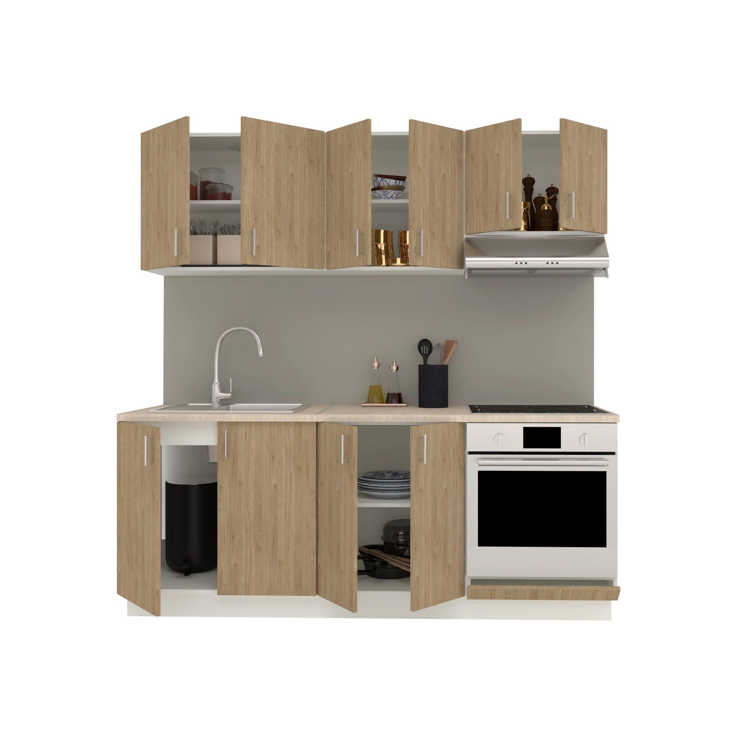Set Bucatarie haaus Karo V10, Lemn Natural/Alb, Blat Thermo 28 mm, L 200 cm