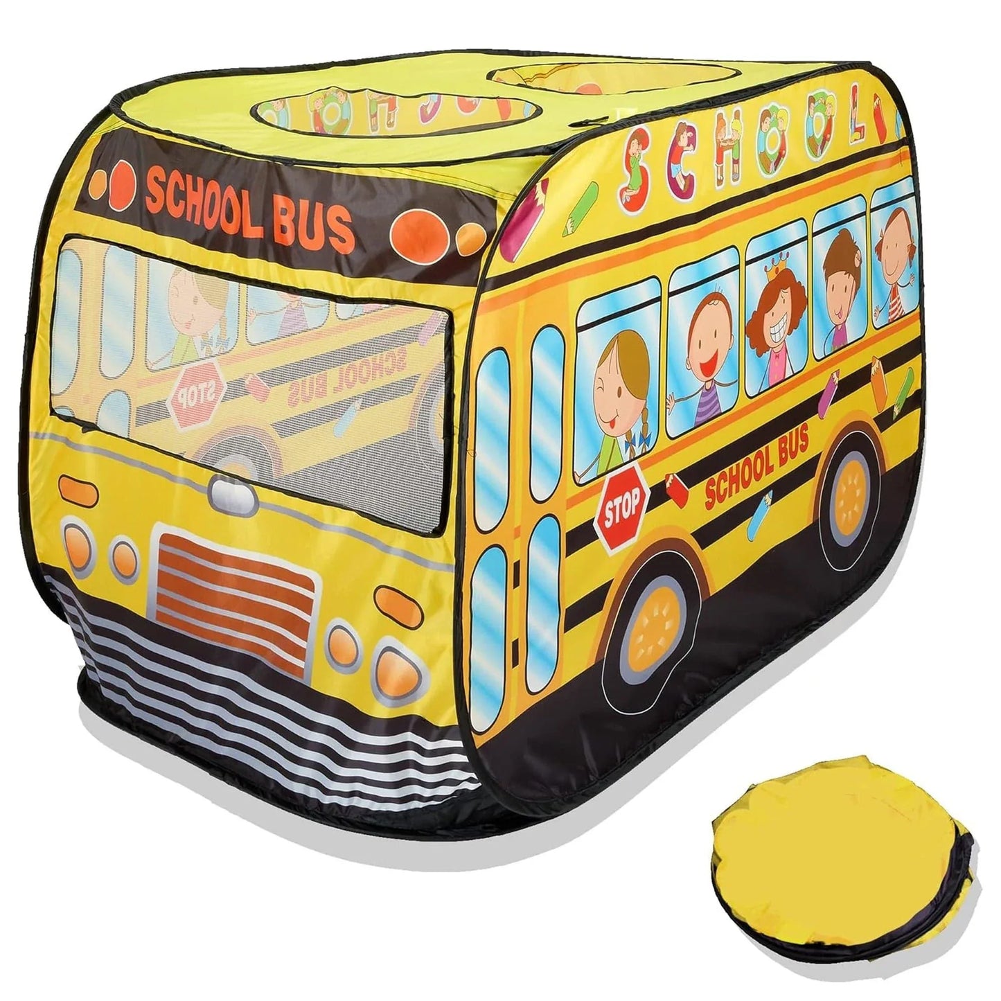 Cort de joaca in forma de autobuz pentru copii 1-5 ani – Joc interactiv interior/exterior, Design pop-up automat, Usor de pliat si transportat, Material premium, Galben - 221.ro