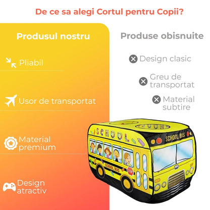 Cort de joaca in forma de autobuz pentru copii 1-5 ani – Joc interactiv interior/exterior, Design pop-up automat, Usor de pliat si transportat, Material premium, Galben - 221.ro