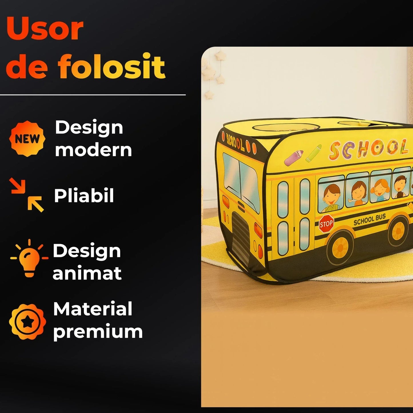 Cort de joaca in forma de autobuz pentru copii 1-5 ani – Joc interactiv interior/exterior, Design pop-up automat, Usor de pliat si transportat, Material premium, Galben - 221.ro
