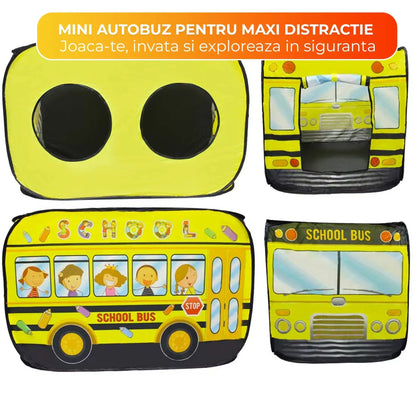 Cort de joaca in forma de autobuz pentru copii 1-5 ani – Joc interactiv interior/exterior, Design pop-up automat, Usor de pliat si transportat, Material premium, Galben - 221.ro