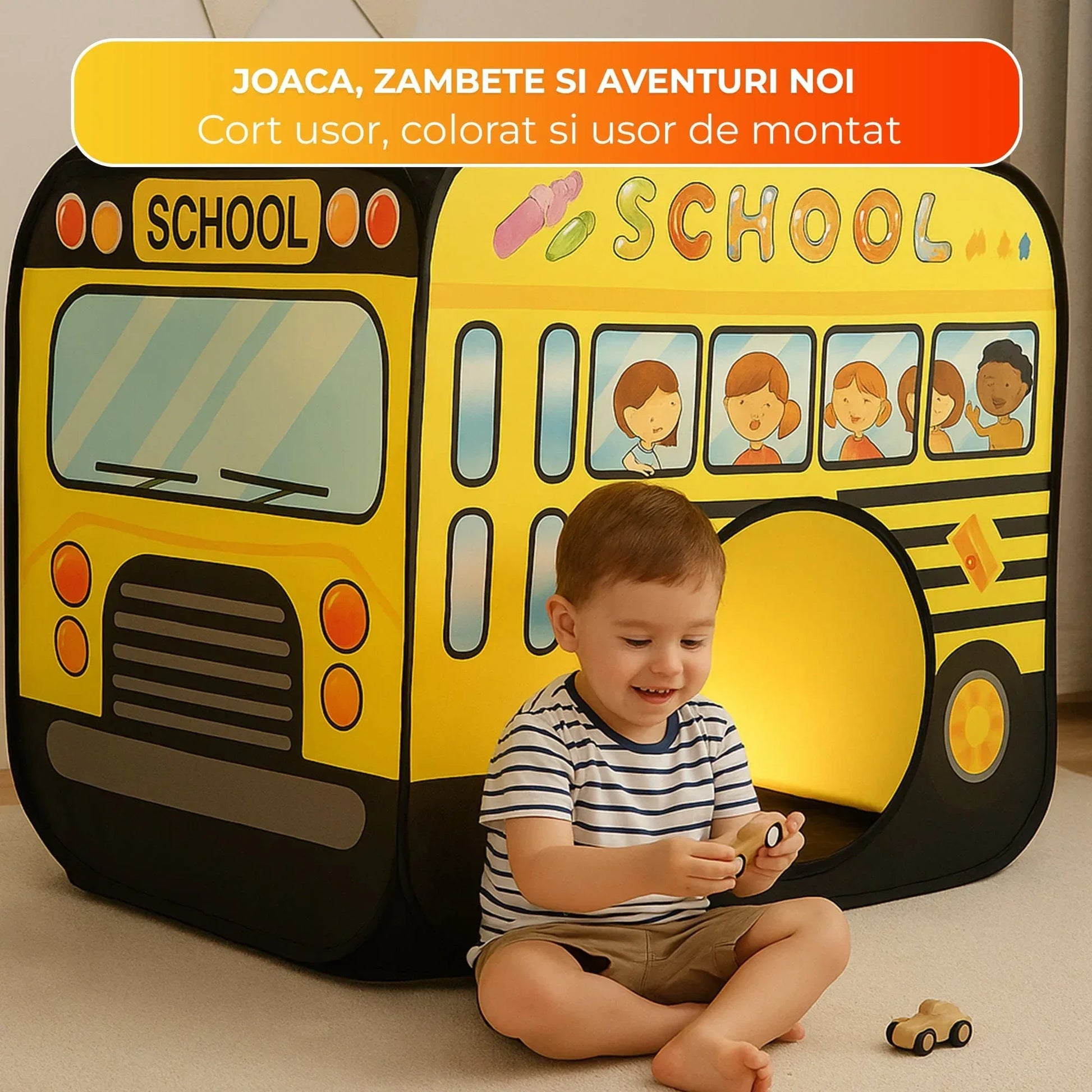 Cort de joaca in forma de autobuz pentru copii 1-5 ani – Joc interactiv interior/exterior, Design pop-up automat, Usor de pliat si transportat, Material premium, Galben - 221.ro