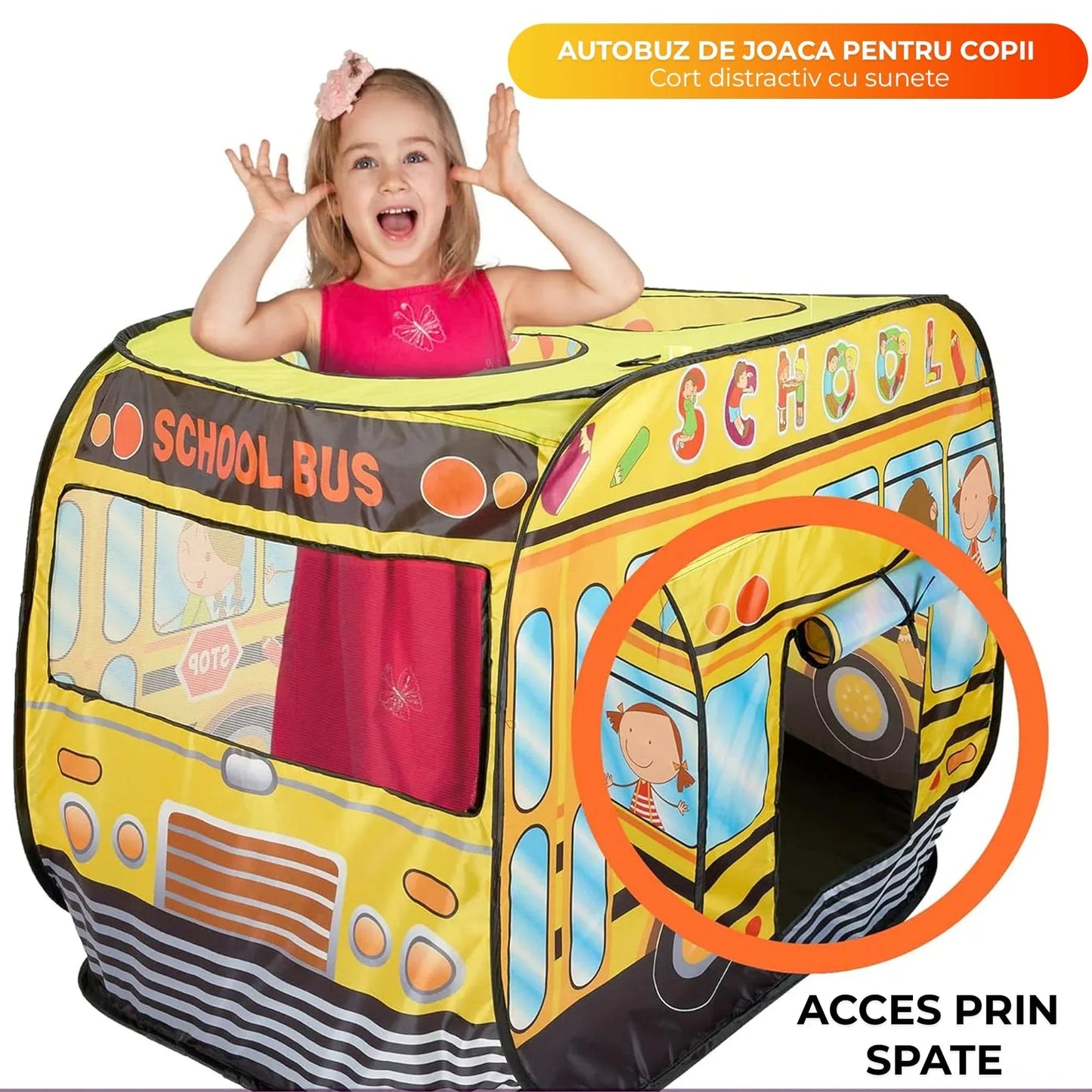 Cort de joaca in forma de autobuz pentru copii 1-5 ani – Joc interactiv interior/exterior, Design pop-up automat, Usor de pliat si transportat, Material premium, Galben - 221.ro