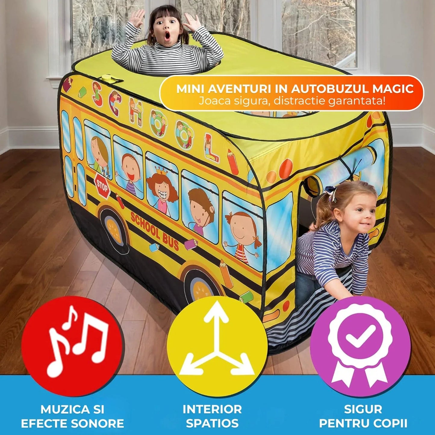 Cort de joaca in forma de autobuz pentru copii 1-5 ani – Joc interactiv interior/exterior, Design pop-up automat, Usor de pliat si transportat, Material premium, Galben - 221.ro