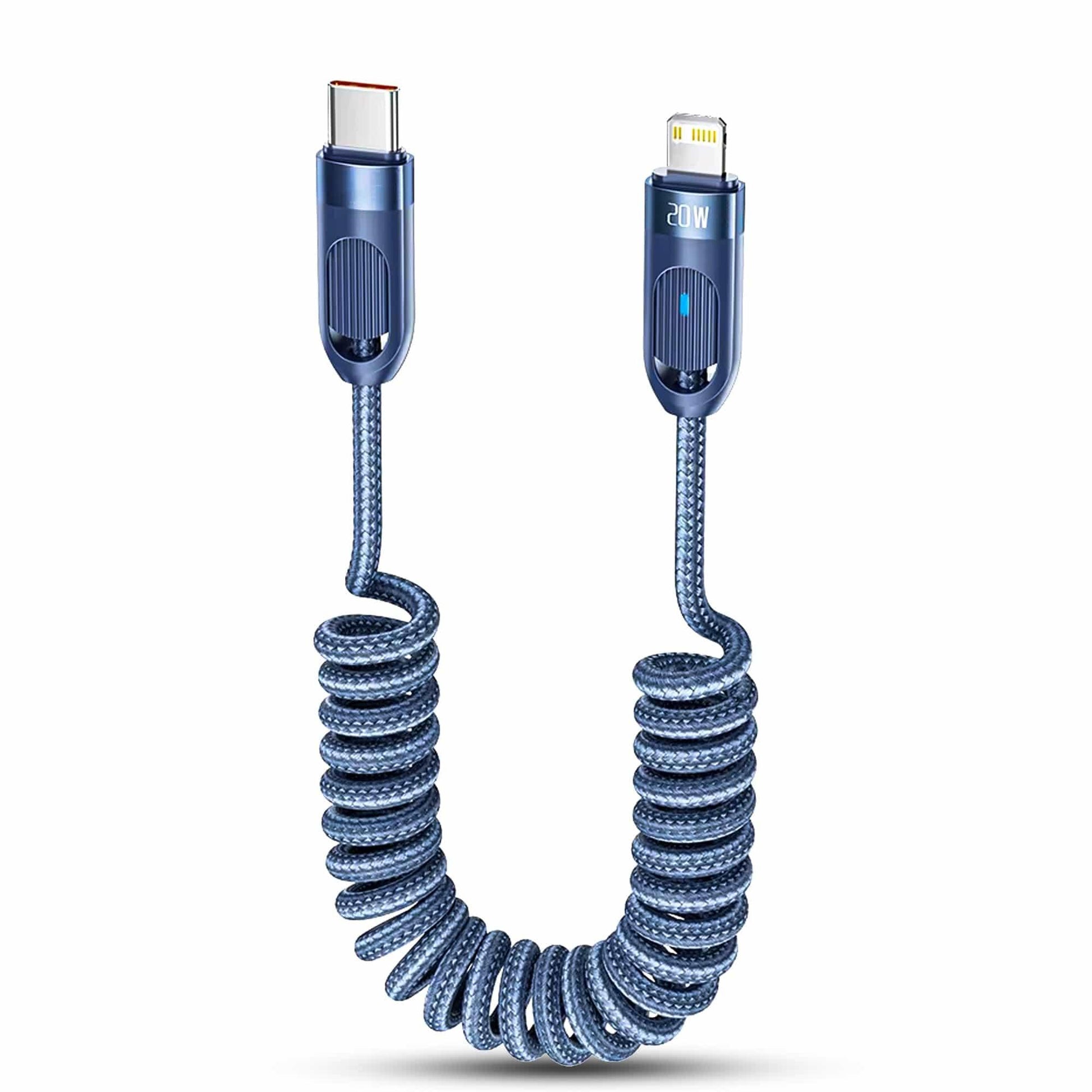 Cablu de Incarcare si Transfer de Date, Fast Charge 20W, Timebox, 480Mbps, Extensibil Spiralat 1,8m, LED Inteligent, Nylon, USB-C la Lightning, Albastru - 221.ro