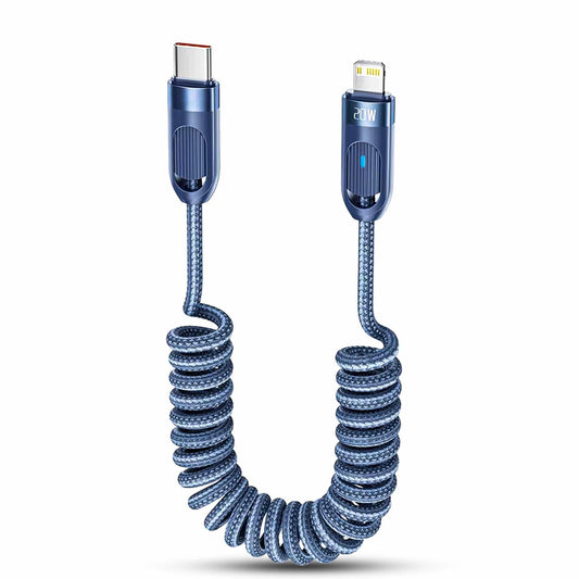 Cablu de Incarcare si Transfer de Date, Fast Charge 20W, Timebox, 480Mbps, Extensibil Spiralat 1,8m, LED Inteligent, Nylon, USB-C la Lightning, Albastru - 221.ro