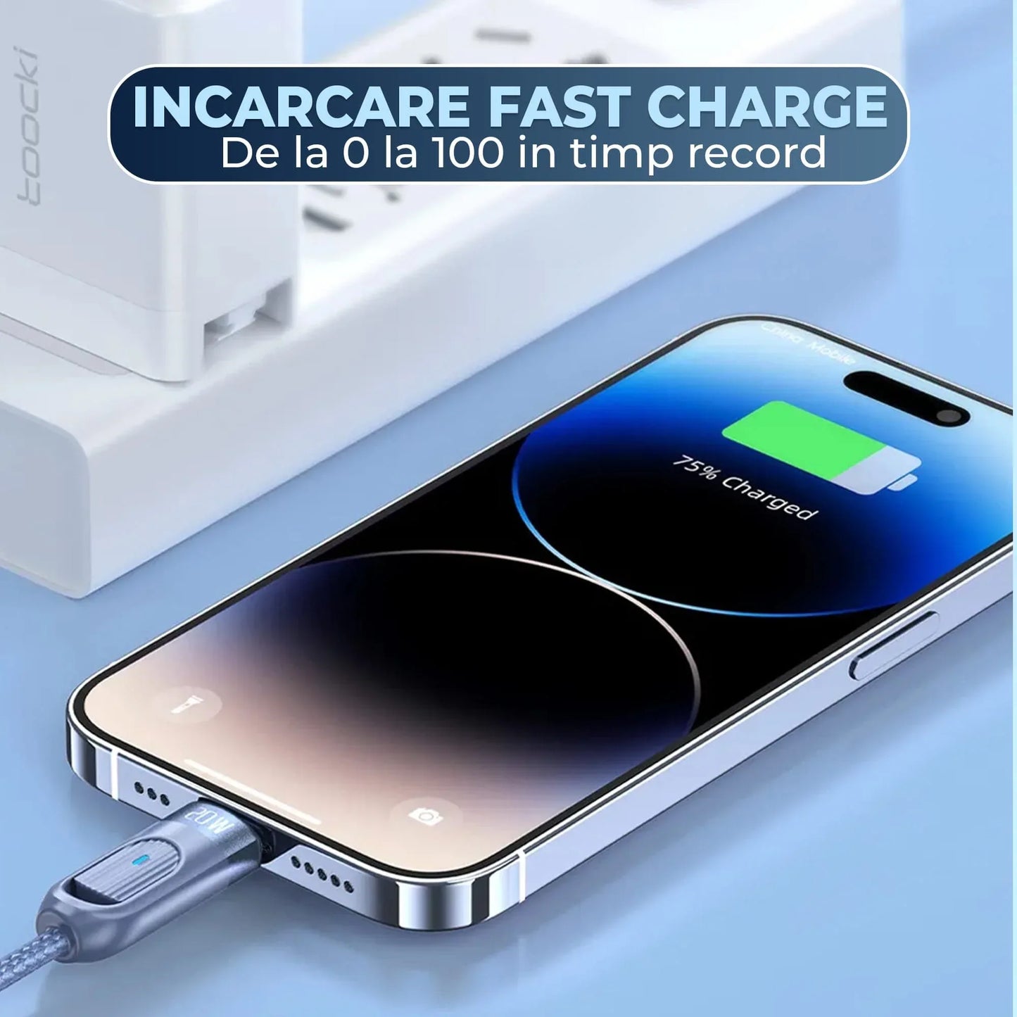 Cablu de Incarcare si Transfer de Date, Fast Charge 20W, Timebox, 480Mbps, Extensibil Spiralat 1,8m, LED Inteligent, Nylon, USB-C la Lightning, Albastru - 221.ro