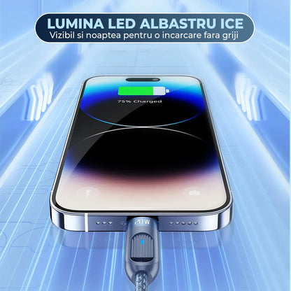 Cablu de Incarcare si Transfer de Date, Fast Charge 20W, Timebox, 480Mbps, Extensibil Spiralat 1,8m, LED Inteligent, Nylon, USB-C la Lightning, Albastru - 221.ro