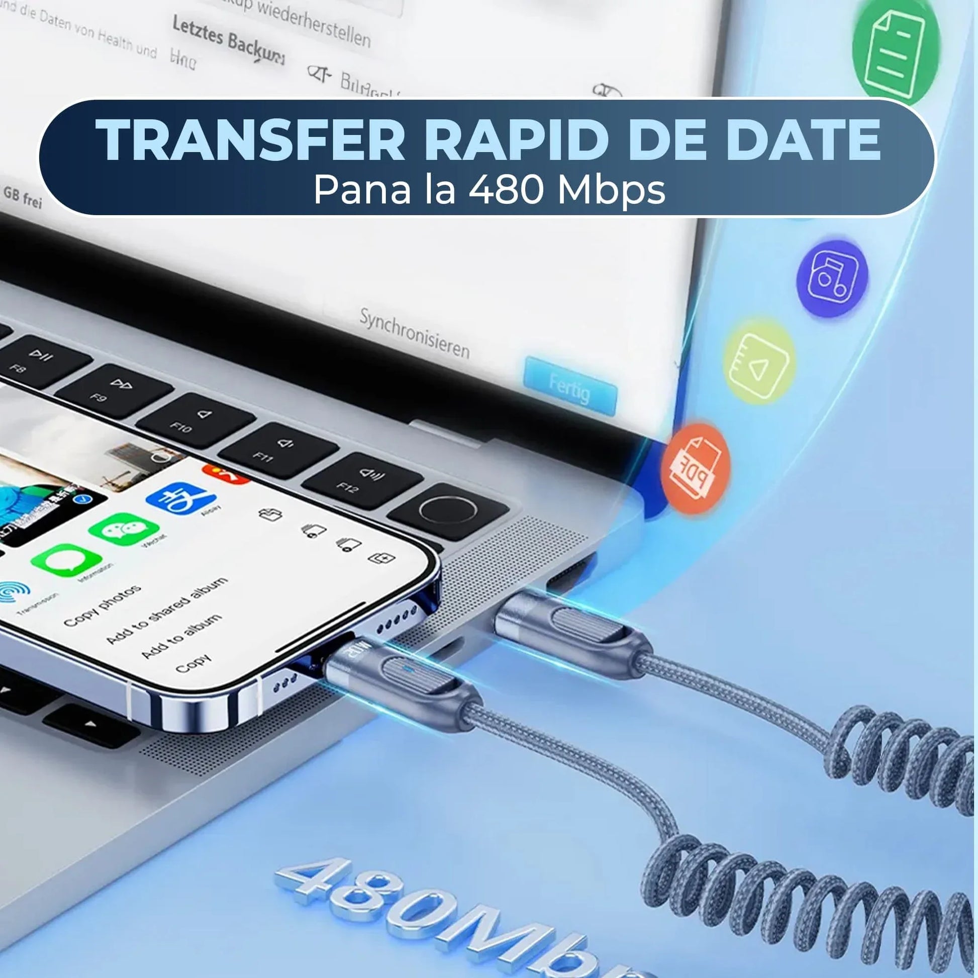 Cablu de Incarcare si Transfer de Date, Fast Charge 20W, Timebox, 480Mbps, Extensibil Spiralat 1,8m, LED Inteligent, Nylon, USB-C la Lightning, Albastru - 221.ro