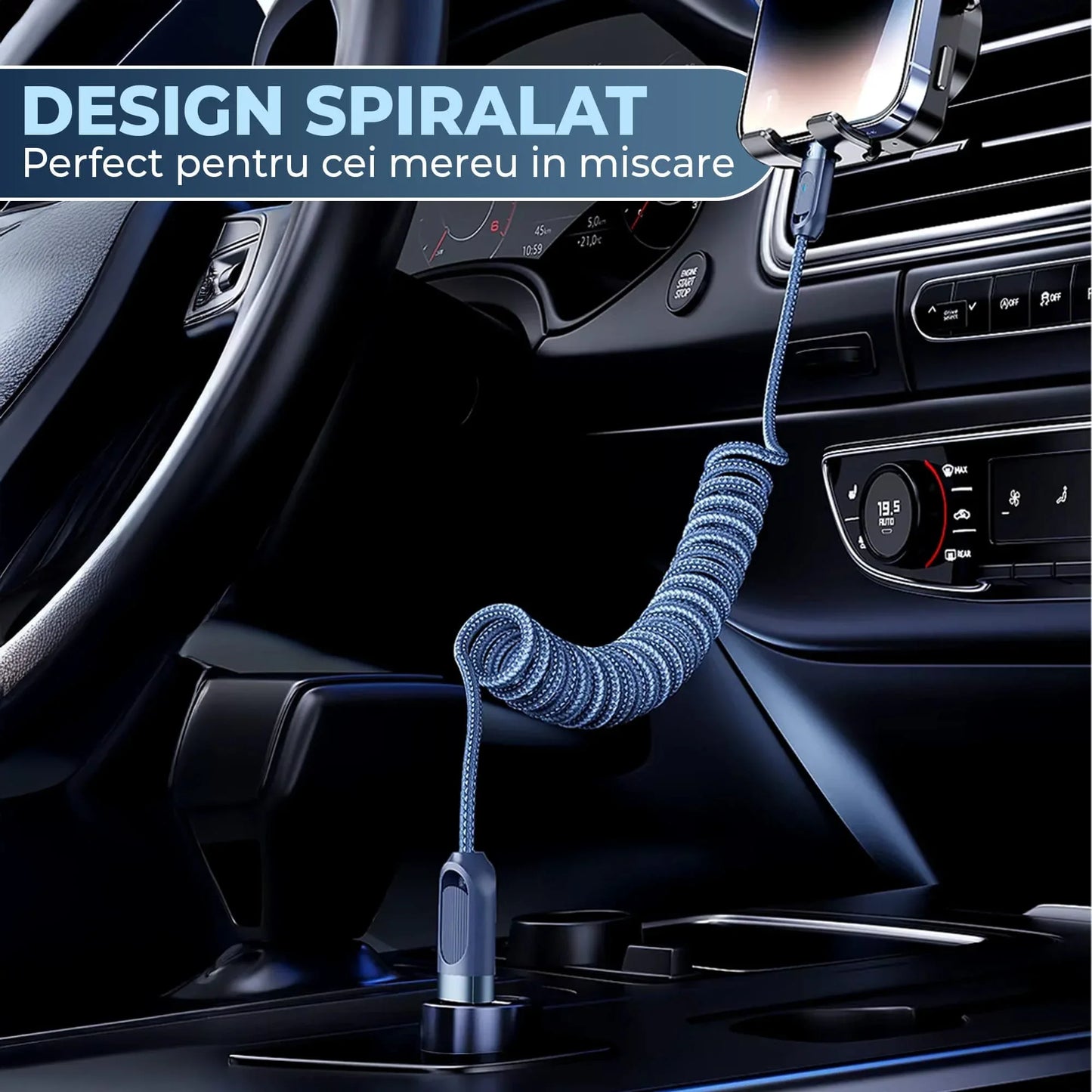 Cablu de Incarcare si Transfer de Date, Fast Charge 20W, Timebox, 480Mbps, Extensibil Spiralat 1,8m, LED Inteligent, Nylon, USB-C la Lightning, Albastru - 221.ro