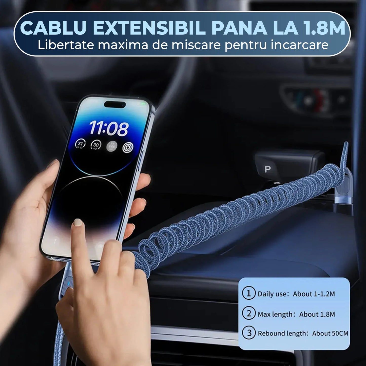 Cablu de Incarcare si Transfer de Date, Fast Charge 20W, Timebox, 480Mbps, Extensibil Spiralat 1,8m, LED Inteligent, Nylon, USB-C la Lightning, Albastru - 221.ro