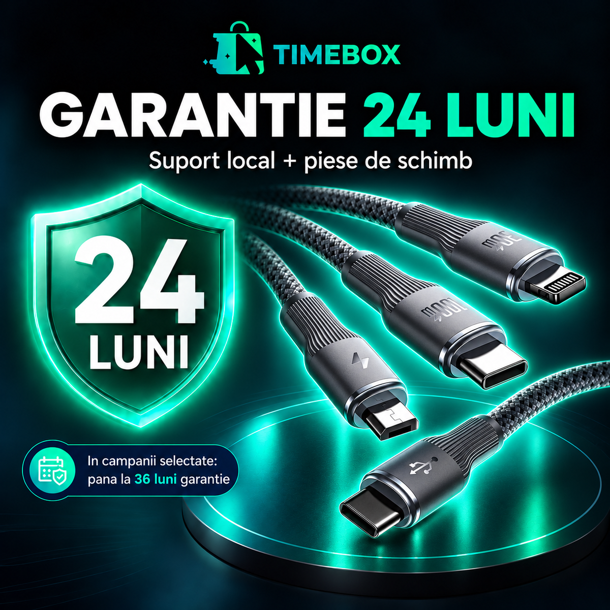 Cablu de Incarcare 3 in 1 Timebox, USB-C la Type-C, 100W, 1,5m, Lightning, Negru