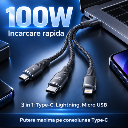 Cablu de Incarcare 3 in 1 Timebox, USB-C la Type-C, 100W, 1,5m, Lightning, Negru