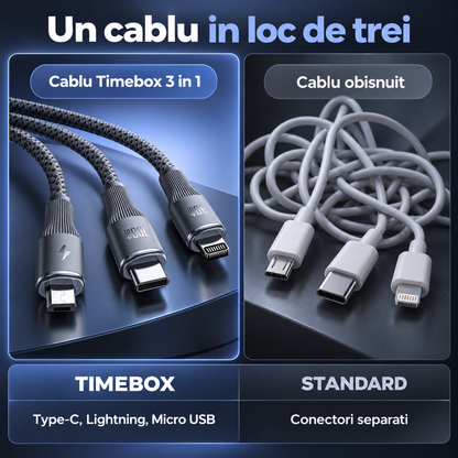 Cablu de Incarcare 3 in 1 Timebox, USB-C la Type-C, 100W, 1,5m, Lightning, Negru