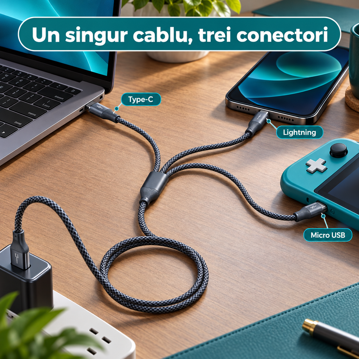 Cablu de Incarcare 3 in 1 Timebox, USB-C la Type-C, 100W, 1,5m, Lightning, Negru