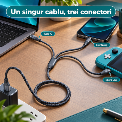 Cablu de Incarcare 3 in 1 Timebox, USB-C la Type-C, 100W, 1,5m, Lightning, Negru