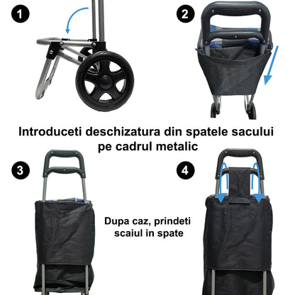 Carucior de piata pliabil, cadru din aluminiu, Naimeed D4949, 2 roti, 49 L, Negru/Albastru