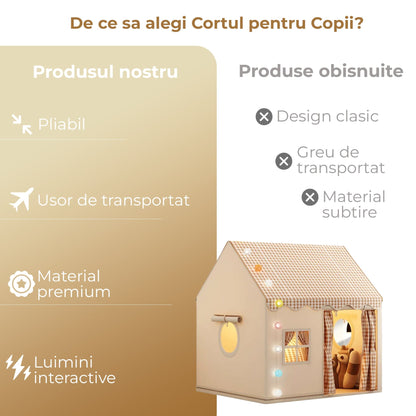 Cort copii tip Casuta de Joaca pentru Baieti, Fete, Pliabil Tip Casa, Asamblare Rapida, Bej