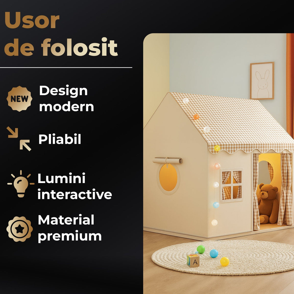 Cort copii tip Casuta de Joaca pentru Baieti, Fete, Pliabil Tip Casa, Asamblare Rapida, Bej