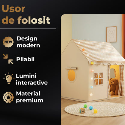 Cort copii tip Casuta de Joaca pentru Baieti, Fete, Pliabil Tip Casa, Asamblare Rapida, Bej