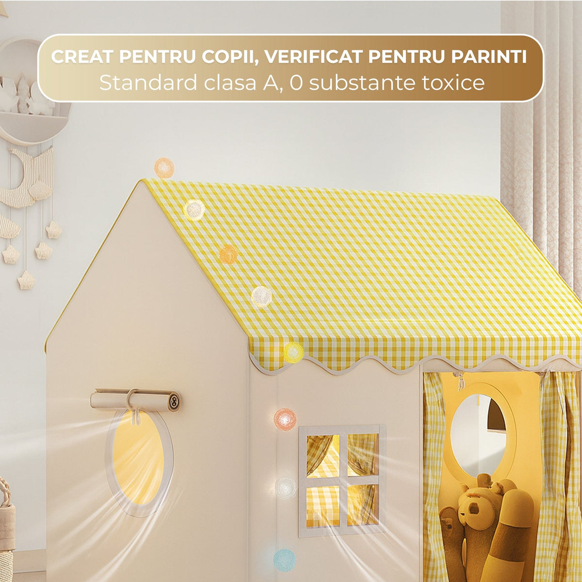 Cort copii tip Casuta de Joaca pentru Baieti, Fete, Pliabil Tip Casa, Asamblare Rapida, Bej