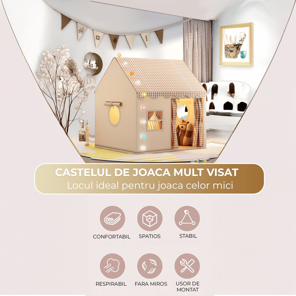 Cort copii tip Casuta de Joaca pentru Baieti, Fete, Pliabil Tip Casa, Asamblare Rapida, Bej