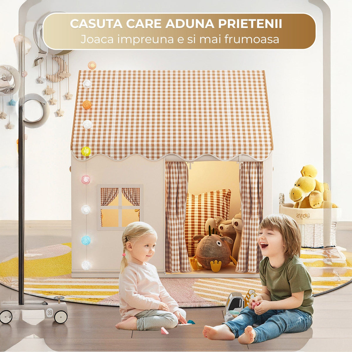 Cort copii tip Casuta de Joaca pentru Baieti, Fete, Pliabil Tip Casa, Asamblare Rapida, Bej