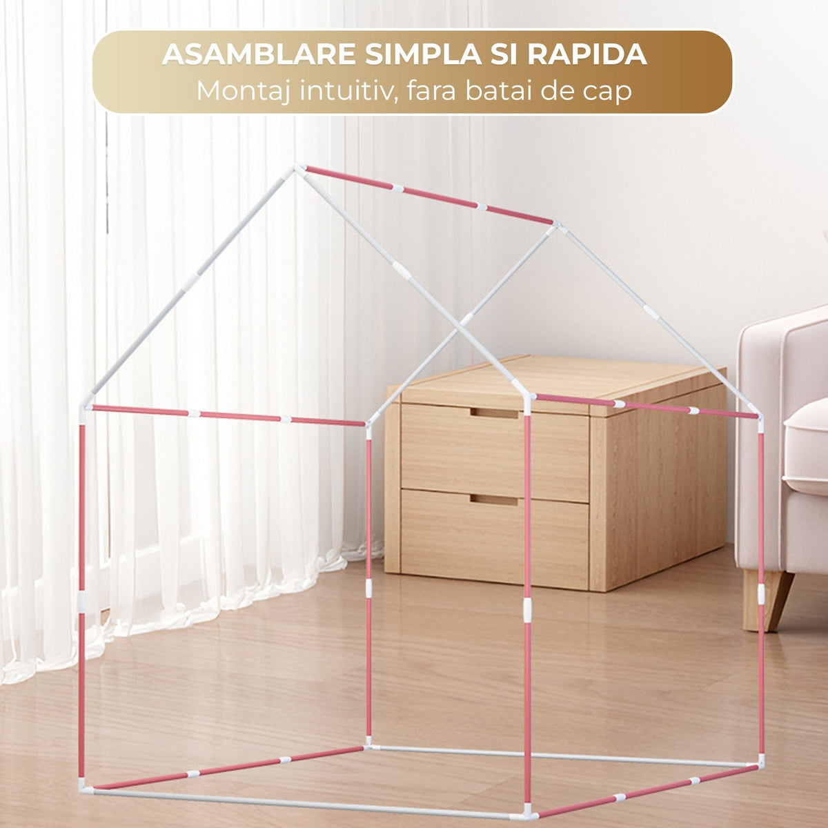 Cort copii tip Casuta de Joaca pentru Baieti, Fete, Pliabil Tip Casa, Asamblare Rapida, Bej