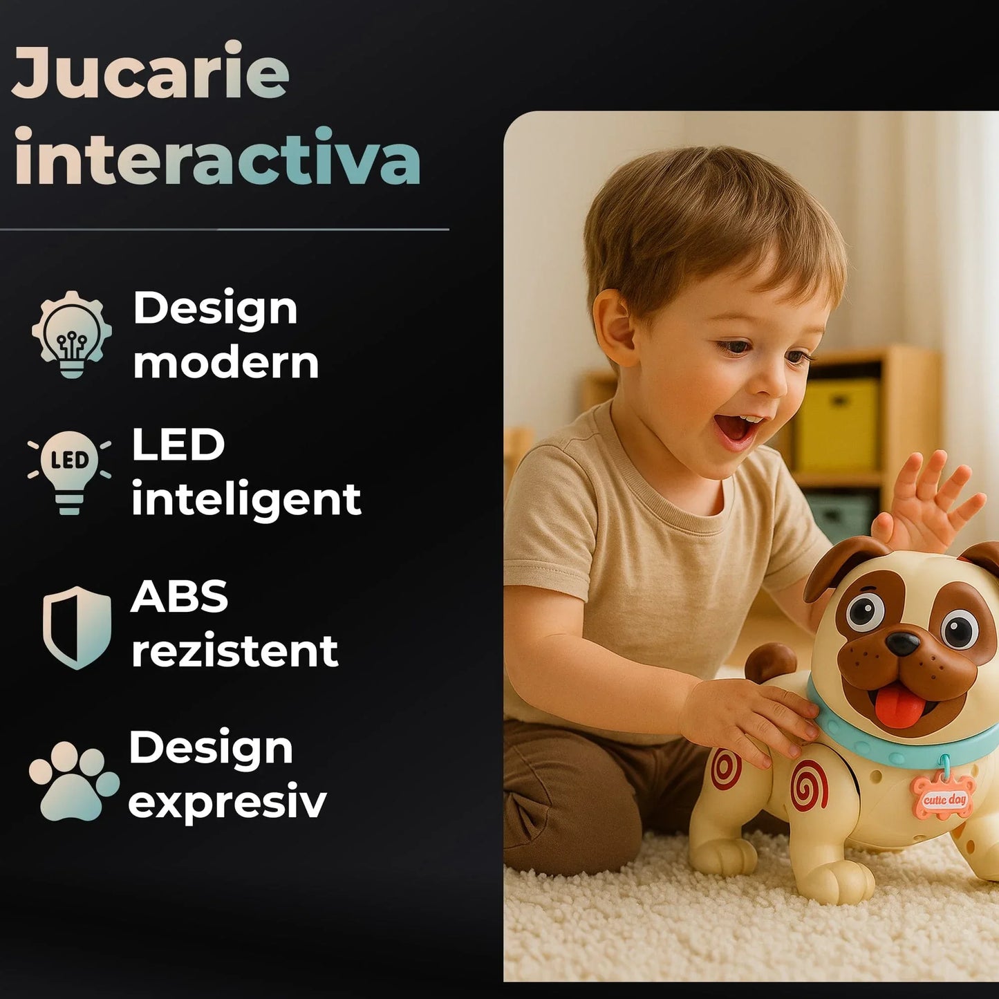 Jucarie catelus robot pentru bebelusi: Spray cu abur, lumini LED