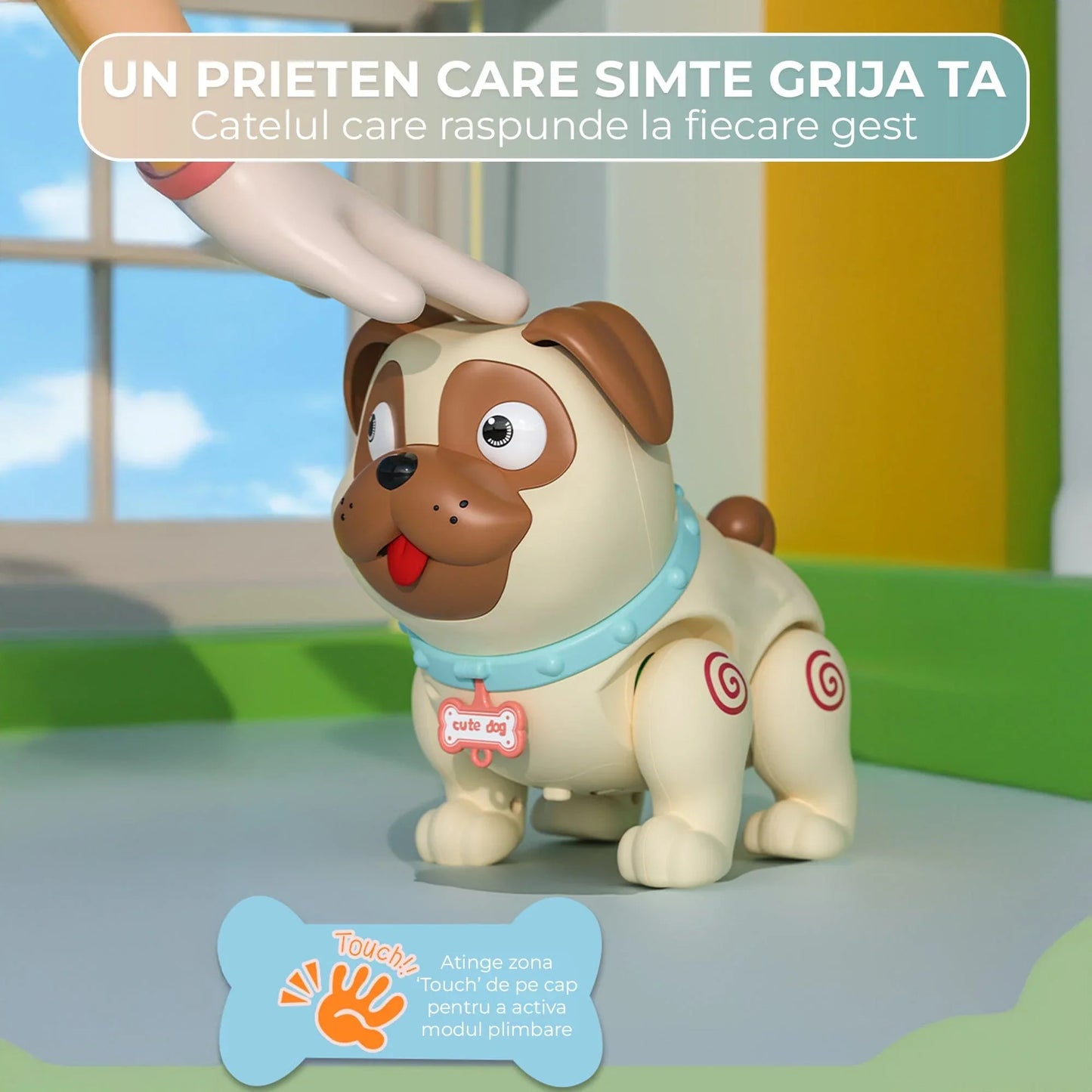 Jucarie catelus robot pentru bebelusi: Spray cu abur, lumini LED