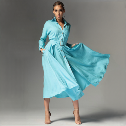 Rochie camasa bleu din in cu nasturi metalici Ingrid Baby Blue