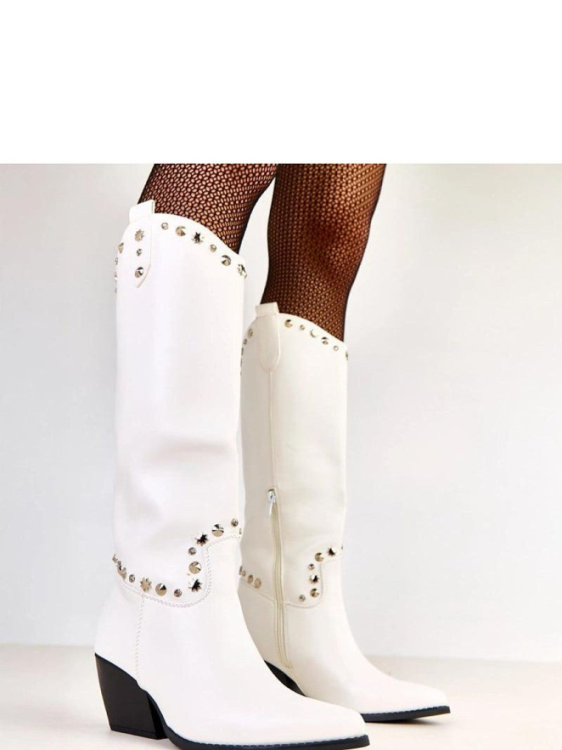 Cizme cu toc Solea, Model 219647, Alb - material imitație de piele  Footbed plastic  Înălţimea carâmbului 35 cm Înălţimea tocului 7 cm