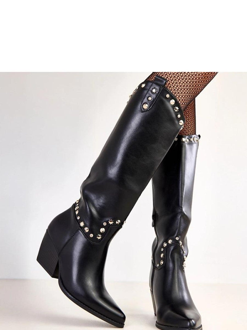 Cizme cu toc Solea, Model 219648, Negru - material imitație de piele  Footbed plastic  Înălţimea carâmbului 35 cm Înălţimea tocului 7 cm