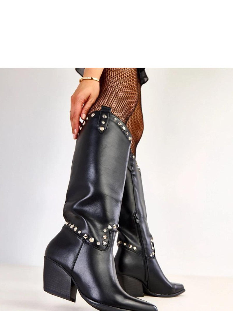 Cizme cu toc Solea, Model 219648, Negru - material imitație de piele  Footbed plastic  Înălţimea carâmbului 35 cm Înălţimea tocului 7 cm