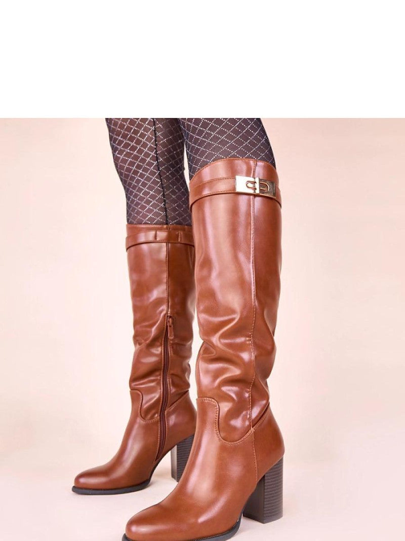 Cizme cu toc Solea, Model 221035, Maro - material imitație de piele  Footbed pânză  Înălţimea carâmbului 36 cm Înălţimea tocului 8.5 cm