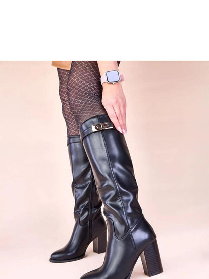 Cizme cu toc Solea, Model 221036, Negru - material imitație de piele  Footbed pânză  Înălţimea carâmbului 36 cm Înălţimea tocului 8.5 cm