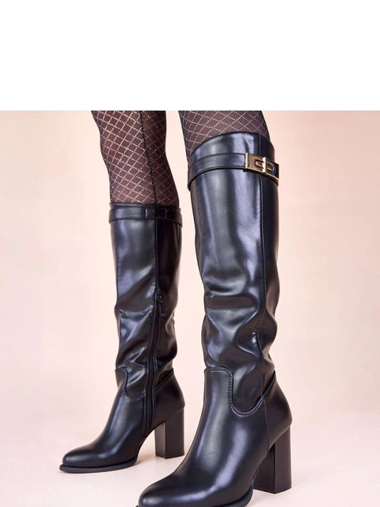 Cizme cu toc Solea, Model 221036, Negru - material imitație de piele  Footbed pânză  Înălţimea carâmbului 36 cm Înălţimea tocului 8.5 cm