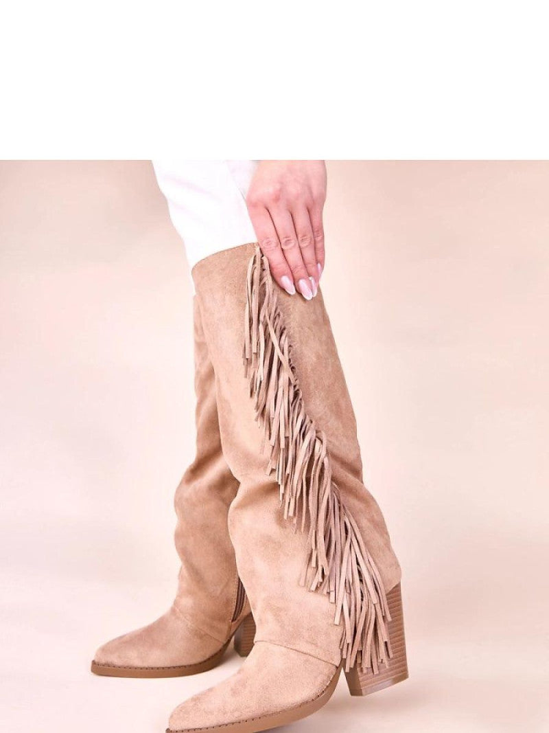 Cizme cu toc Solea, Model 221045, Bej - material piele artificiala piele  Footbed pânză  Înălţimea carâmbului 34 cm Înălţimea tocului 8 cm