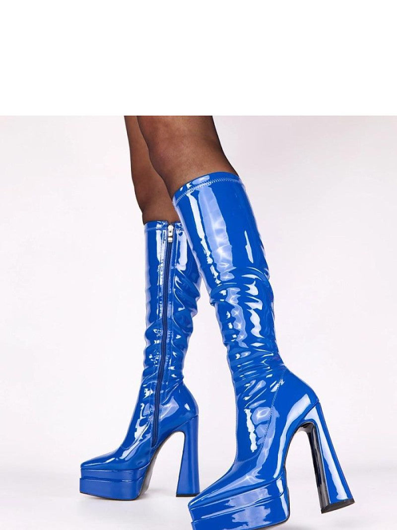 Cizme cu toc Solea, Model 221357, Albastru - material imitație de piele  Footbed pânză  Înălţimea carâmbului 37 cm Înălţimea tocului 15 cm Înălţimea platformei 5 cm