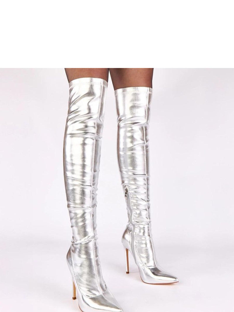 Cizme cu toc Solea, Model 221363, Gri - material imitație de piele  Footbed pânză  Înălţimea carâmbului 53 cm Înălţimea tocului 11.5 cm