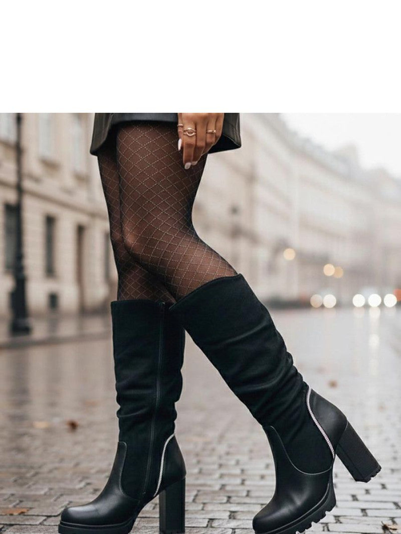 Cizme cu toc Solea, Model 221654, Negru - material piele artificiala piele  Footbed pânză  Înălţimea carâmbului 26 cm Înălţimea tocului 9 cm