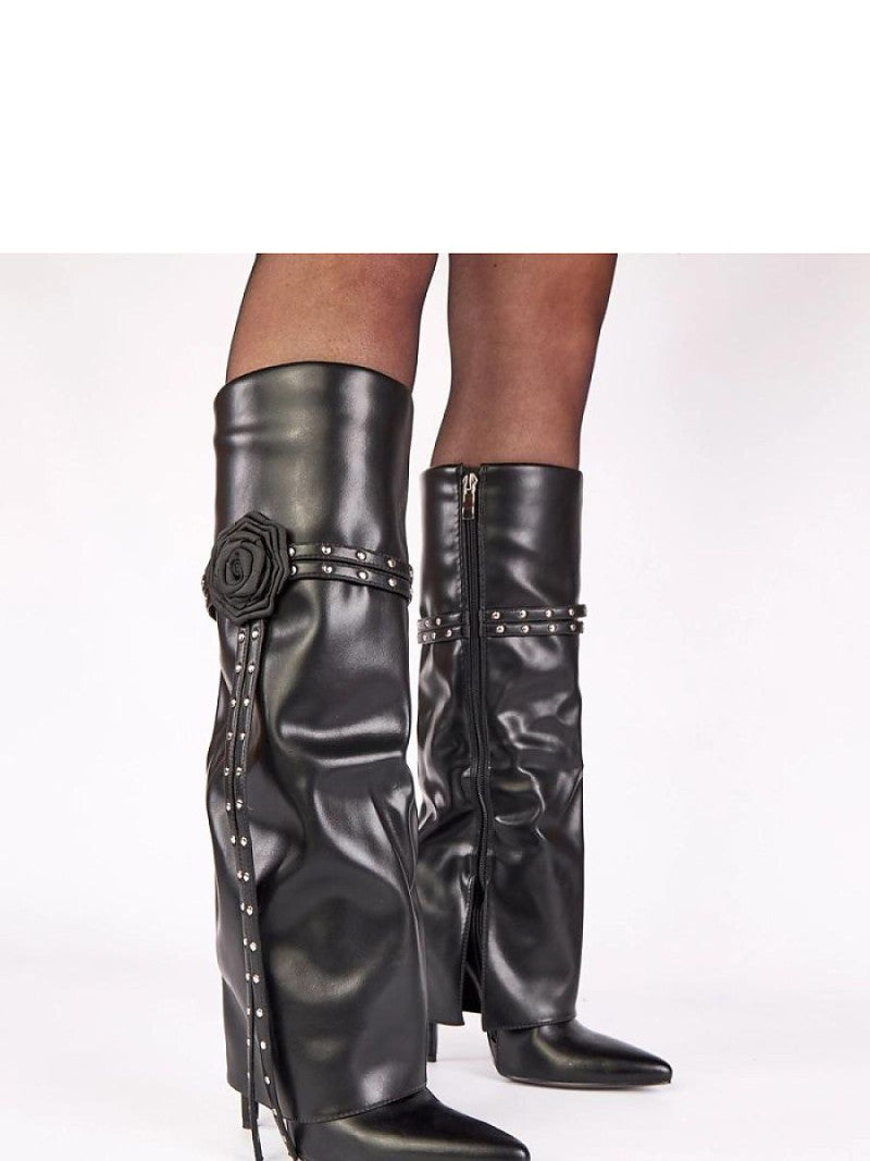 Cizme cu toc Solea, Model 221670, Negru - material imitație de piele  Footbed pânză  Înălţimea carâmbului 34 cm Înălţimea tocului 11.5 cm