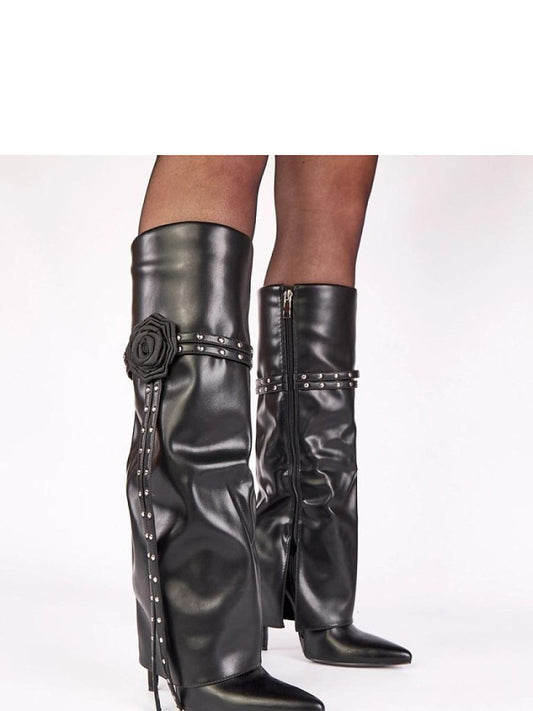 Cizme cu toc Solea, Model 221670, Negru - material imitație de piele  Footbed pânză  Înălţimea carâmbului 34 cm Înălţimea tocului 11.5 cm